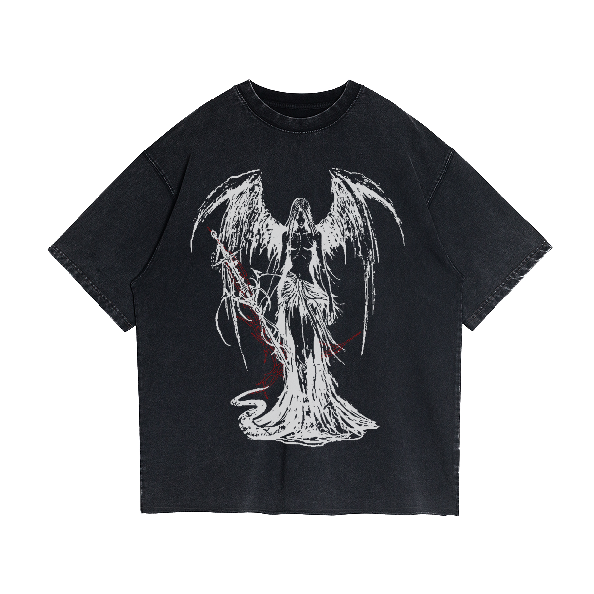 Fallen Angel Garment Dyed Streetwear Tee 260GSM Black Cotton With Faded Raw Hem