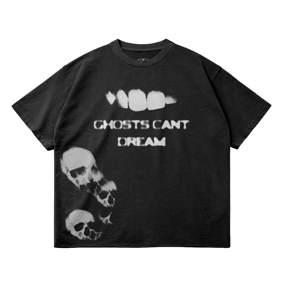 Ghosts Cant Dream Garment Dyed Streetwear Tee 260GSM Black Cotton With Faded Raw Hem